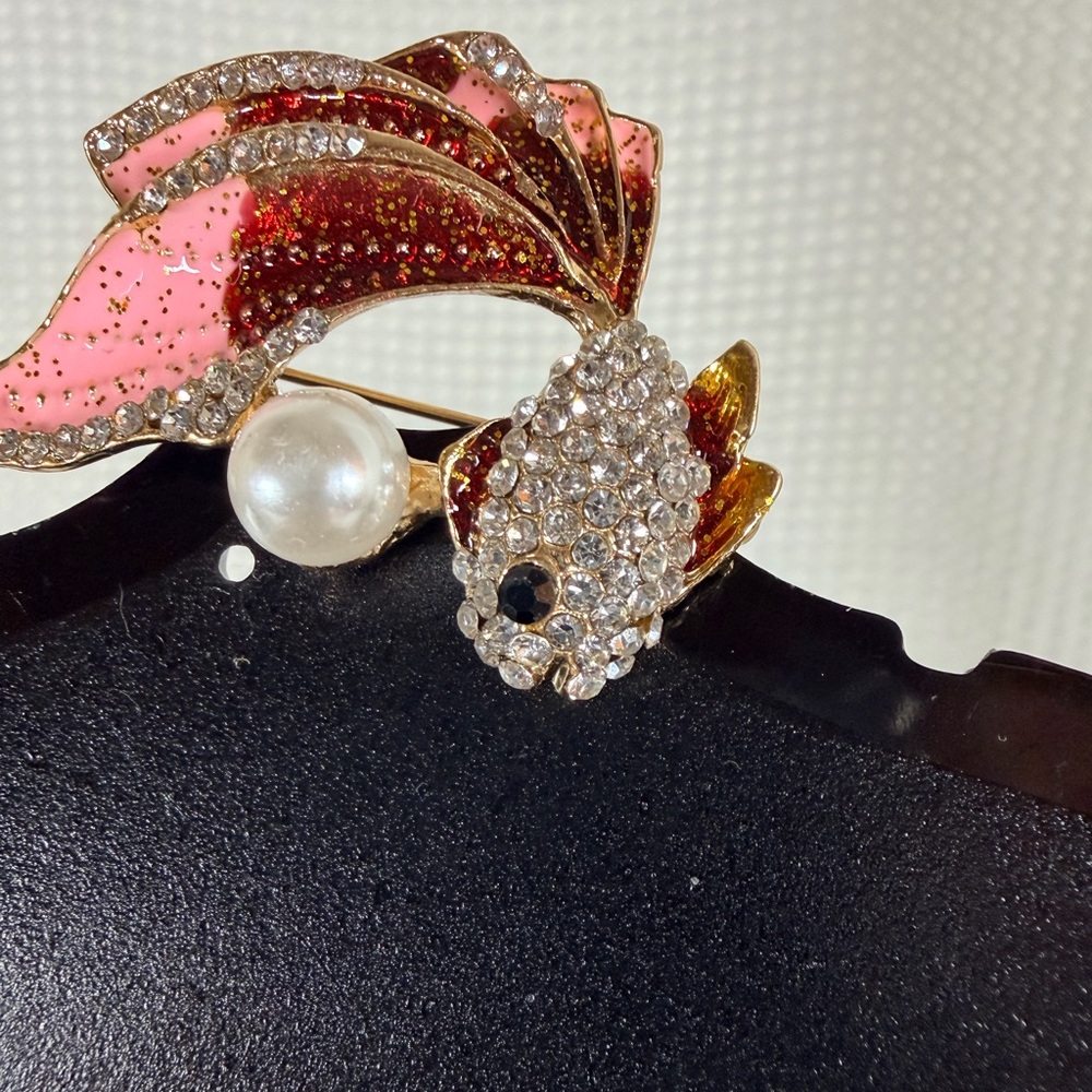 Pink and Gold Fish Brooch with Pearl Accent